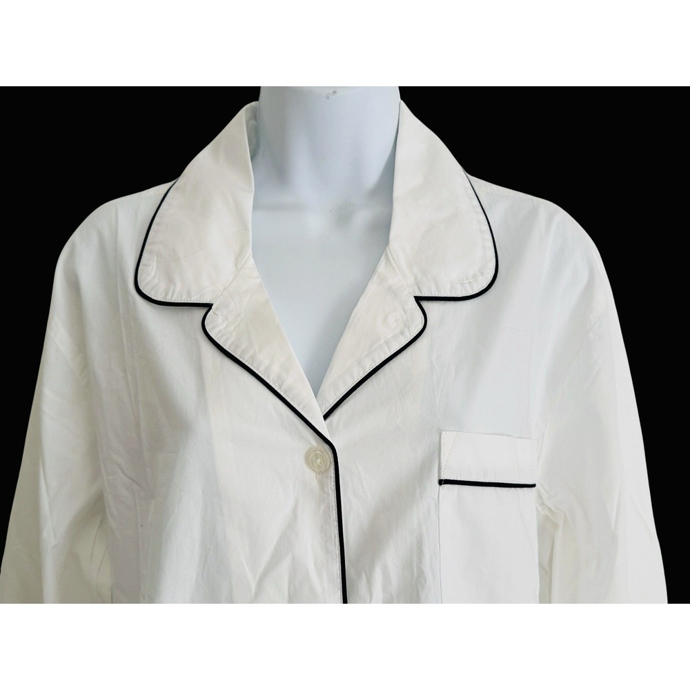 Quince Women Pajama Top Shirt L White Black Piping Organic Cotton Poplin Button - Picture 5 of 10